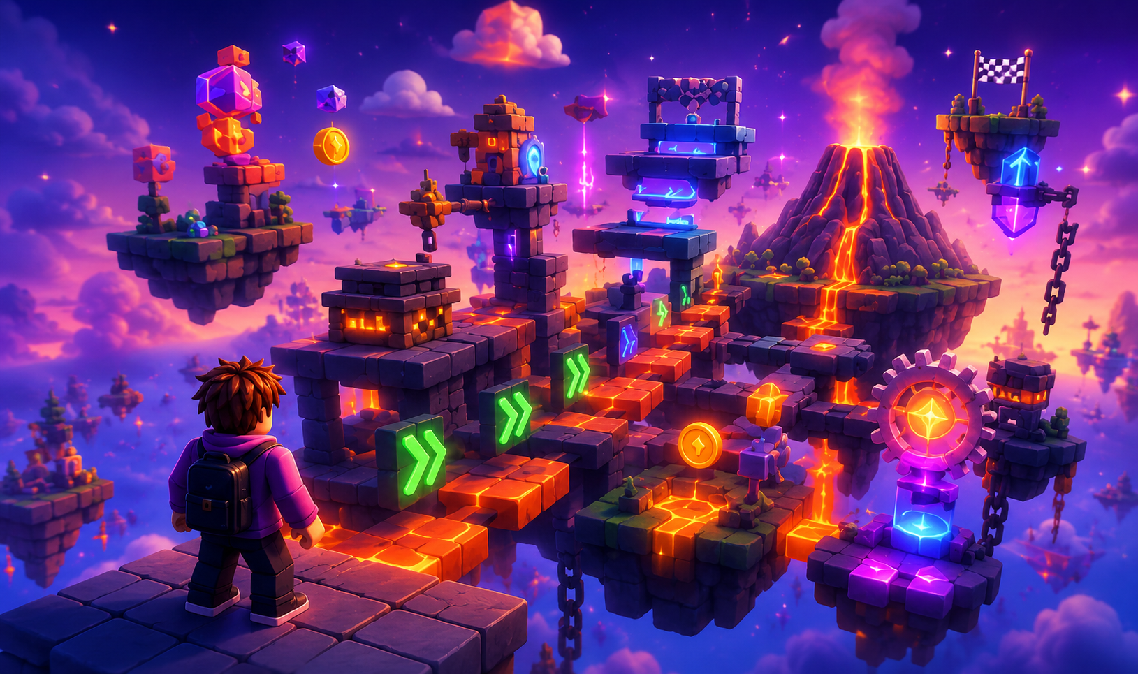 A colorful Roblox-style lava obby world with floating islands, coins and portals